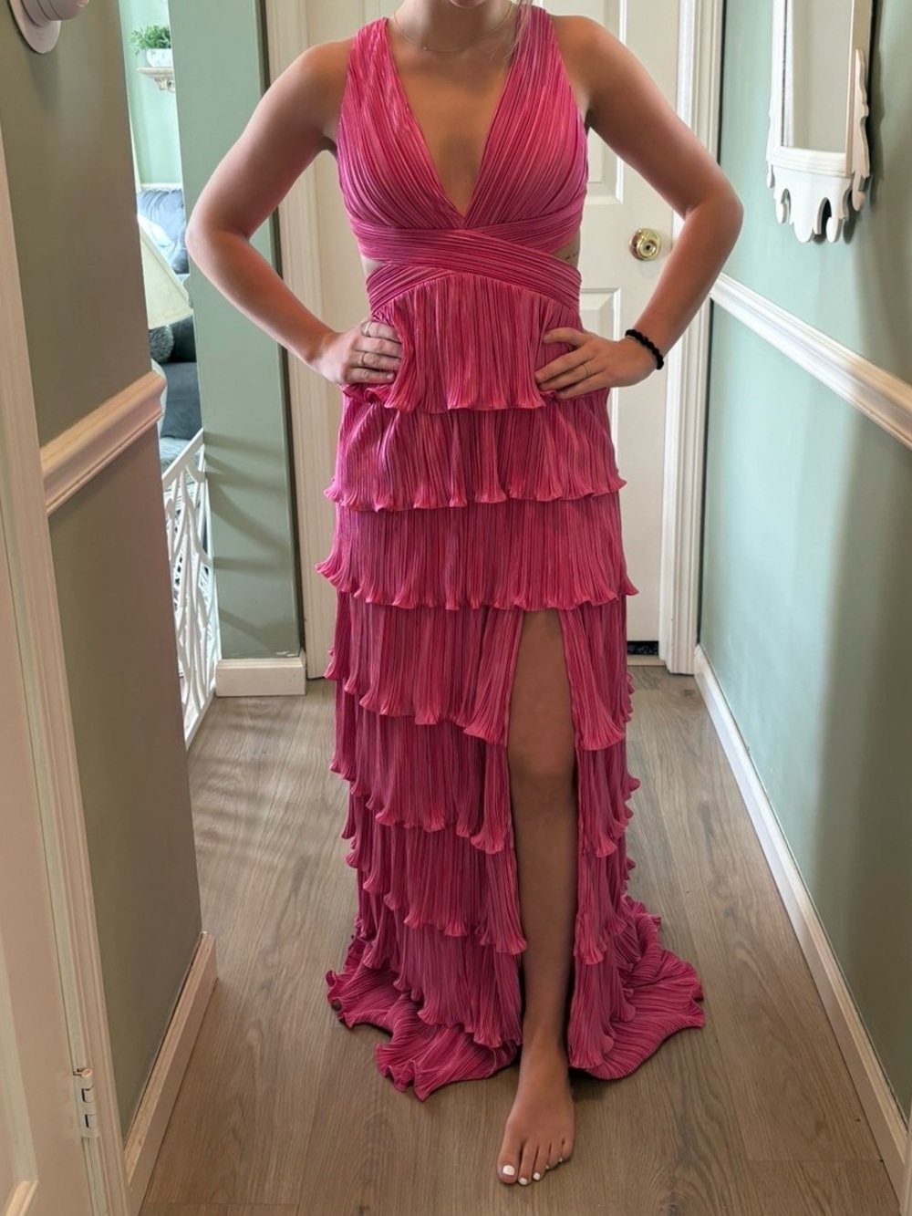 Pink Tiered Ruffle V-Neck Evening/Prom Dress